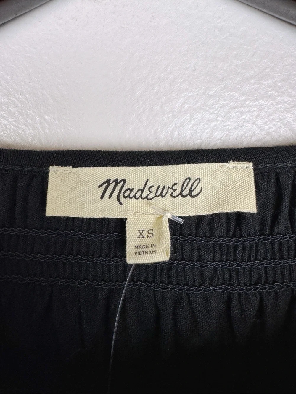 Madewell Smocked Cotton Boatneck Puff Sleeves Slim Fit Top Black Size XS NWT
